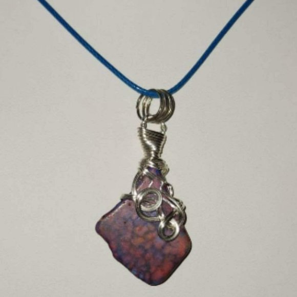 Artisan Wire Wrapped Silver Necklace with Pink and Purple Stone on Blue Cord wit - Picture 7 of 7